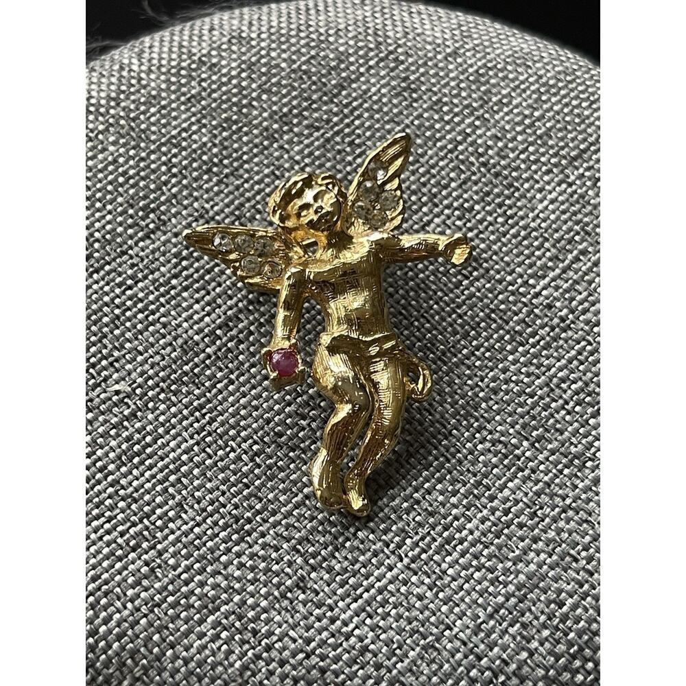 Vintage 1980s Gold Tone Christmas Angel Cherub Cupid Rhinestone Brooch Lapel Pin
